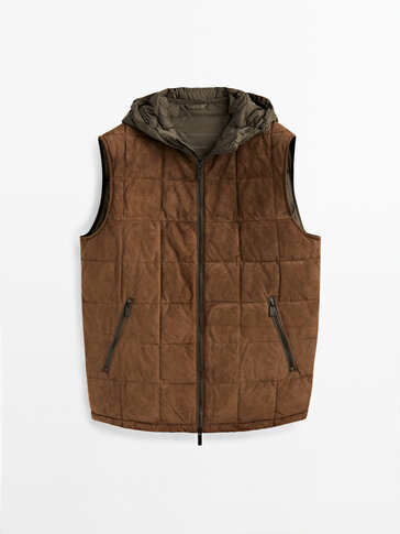 Suede technical hooded gilet