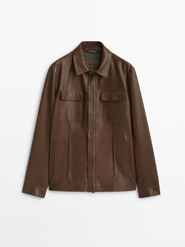 Tumbled leather overshirt with pockets