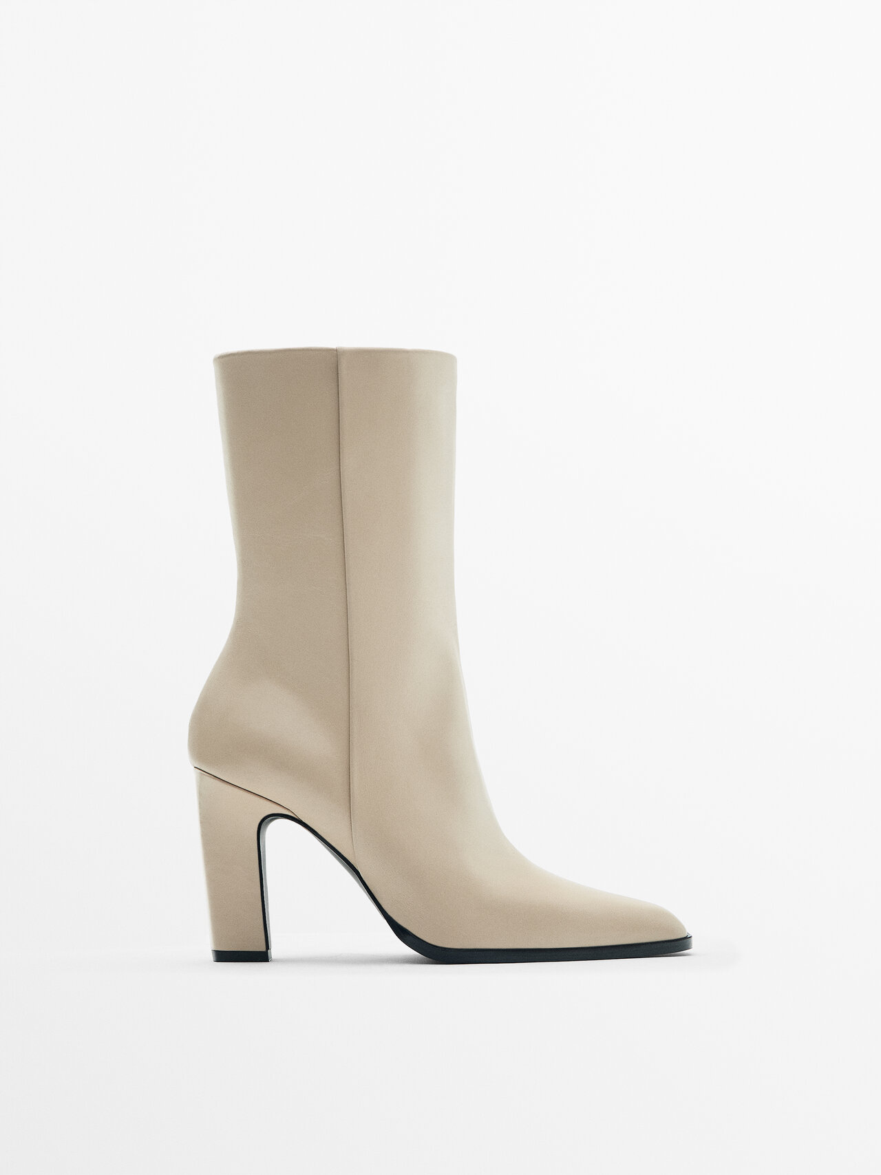 Massimo Dutti Leather High Heel Ankle Boots In Cream