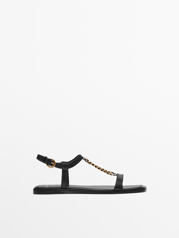 Ploché kožené sandály s řetízkem - Studio