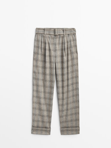 Wool check trousers with belt