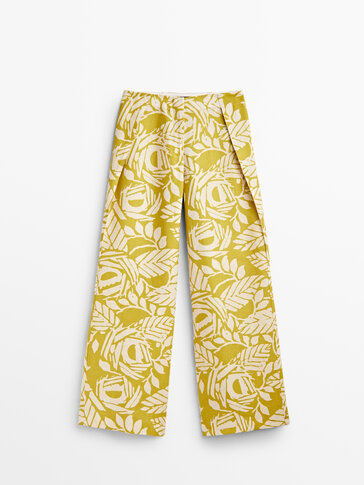 Leaf print linen trousers