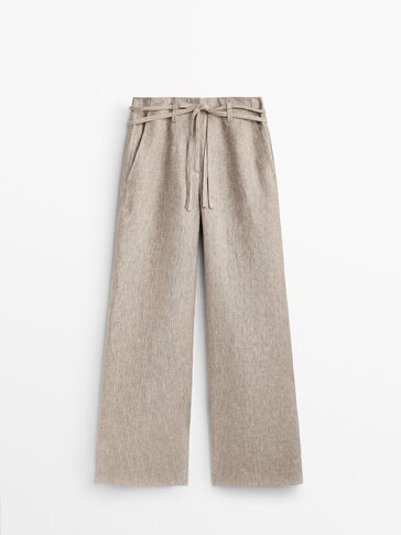 Серые льняные брюки с двойным поясом