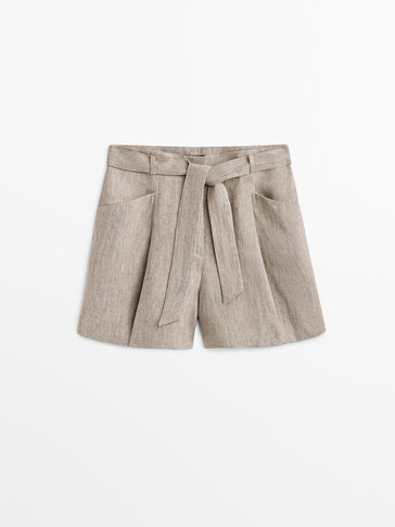 Linen Bermuda shorts with tie belt