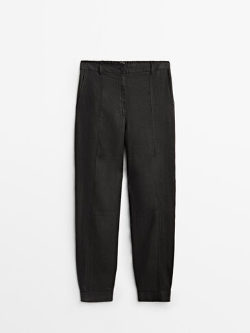 Linen jogging fit trousers with buttoned hems