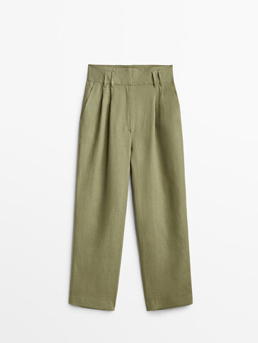 Straight fit linen trousers with darts