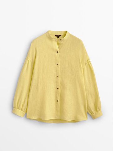 Balloon sleeve linen shirt with stand-up collar