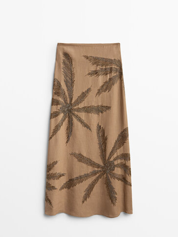 Lniana spódnica z haftowanym motywem palmy − Limited Edition