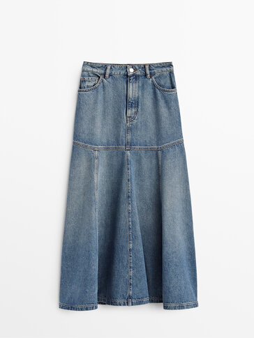 Jeansowa spódnica z falbaną średniej długości