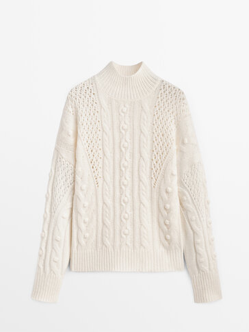 Open-cable-knit sweater with mock turtleneck