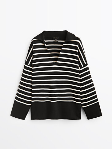 Polo-style V-neck striped sweater