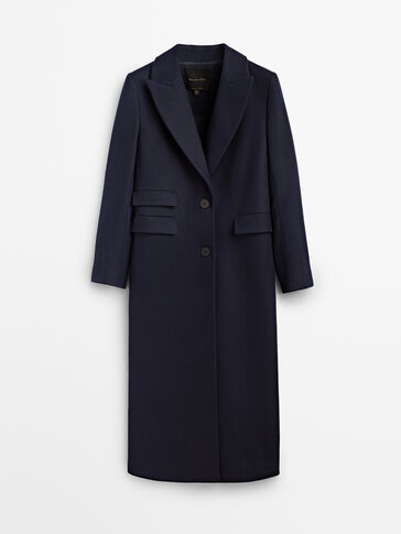 Tmavomodrý elegantný vlnený kabát