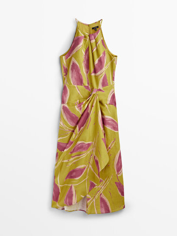 Long linen dress with leaf print