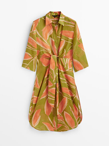 Leaf print ramie dress