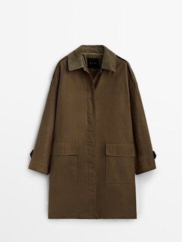 Waxed cotton parka with corduroy collar