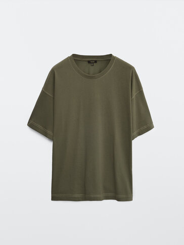 Baumwoll-T-Shirt mit Kontrast Steppnaht