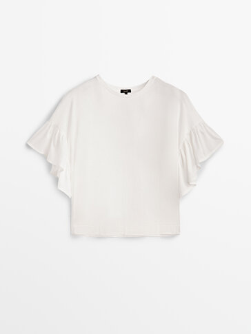 T-shirt com pormenor de folhos de algodão