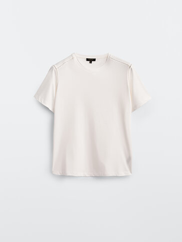 T-shirt de algodão com detalhes de entremeio
