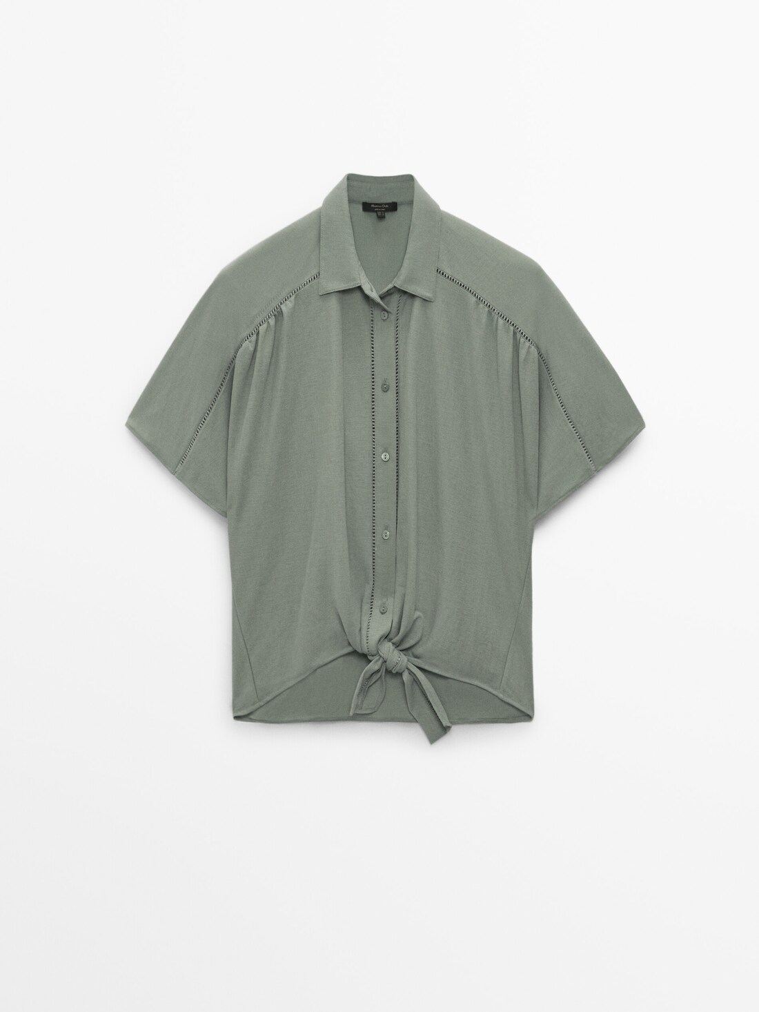 ПАСТЕЛЬНО-ЗЕЛЕНЫЙ Блуза с узлом и кружевными деталями Massimo Dutti