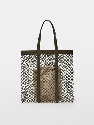 Плетена кожена чанта, тип пазарска + вътрешна чантичка от лен
