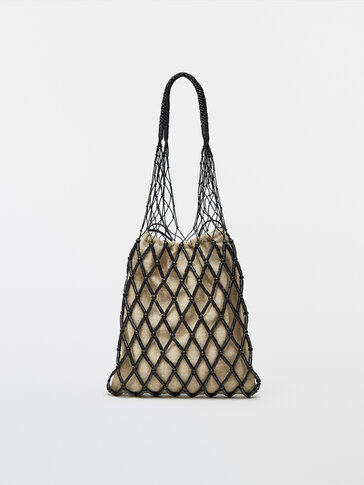 Мрежеста чанта од дрво и кожа + ленена торбичка