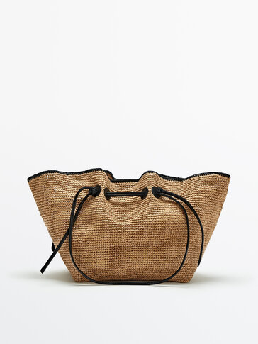 Floral raffia tote bag with leather handles