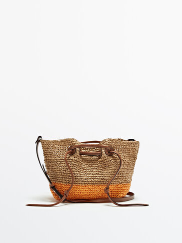 Floral raffia mini handbag with leather handles