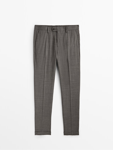 Pantalon de costume en laine grise motif pied-de-poule
