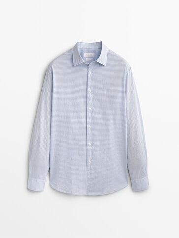 Chemise bleue micro-carreaux coupe slim
