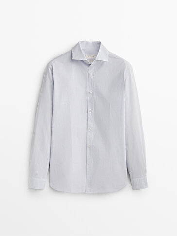 Памучна кошула со двојни риги и слим крој