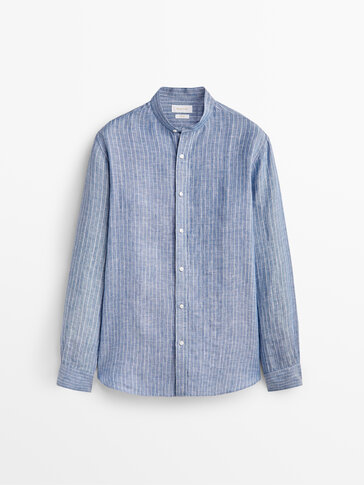 Slim-fit striped linen shirt with stand-up collar