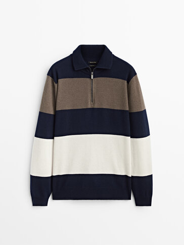 Kašmírový vlnený pruhovaný sveter na zips