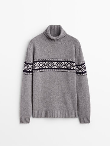 High neck jacquard cashmere sweater