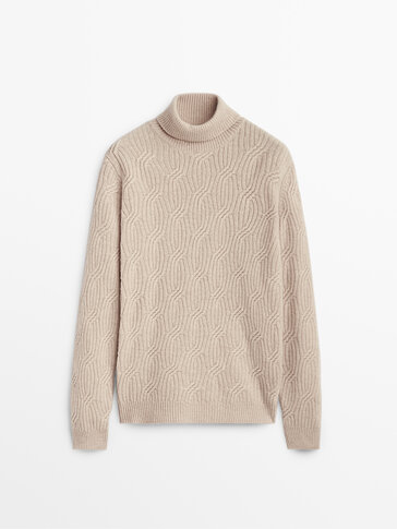 High-neck cable-knit wool sweater