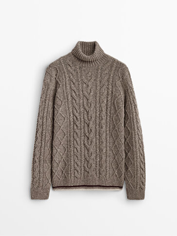 Cable-knit wool and cashmere sweater with high neck