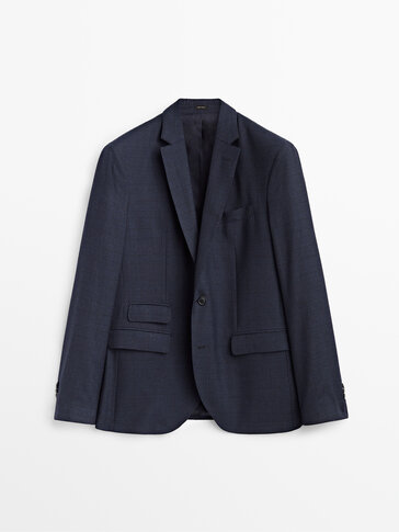 Navy blue check wool suit blazer