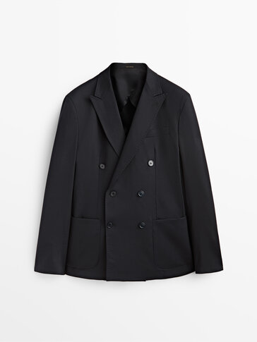 Navy blue double-breasted wool blazer