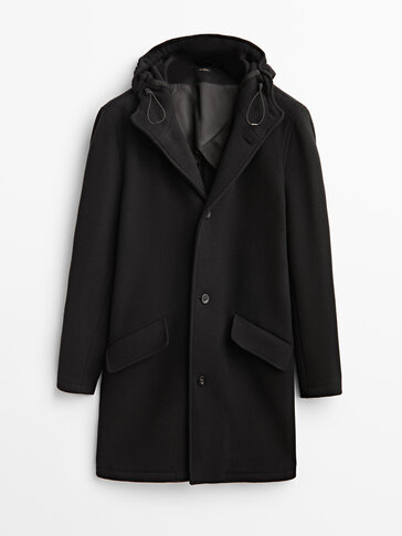Manteau noir en laine à capuche