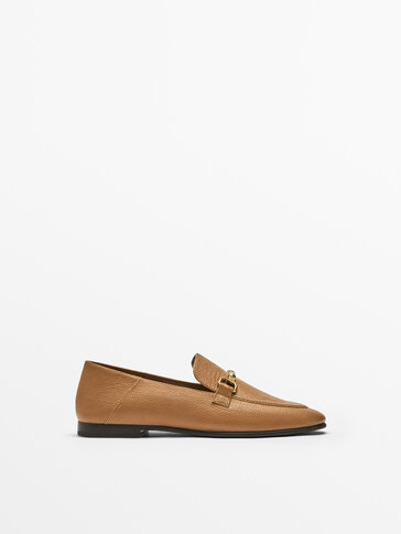 BROWN TUMBLED LEATHER LOAFERS WITH BAMBOO BUCKLE