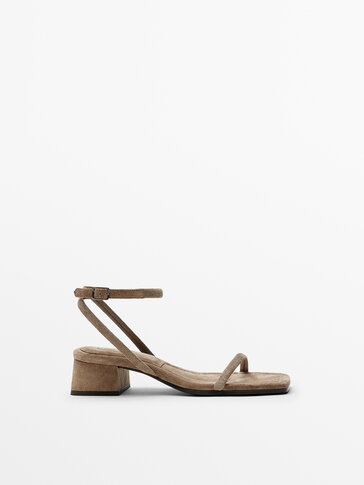 Sand-coloured split suede leather heeled sandals