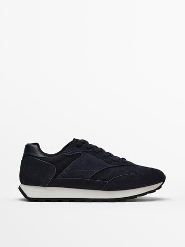 BLUE COMBINED LEATHER AND SPLIT SUEDE TRAINERS