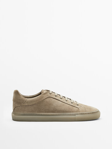 ONE SAND-COLOURED SPLIT SUEDE TRAINERS