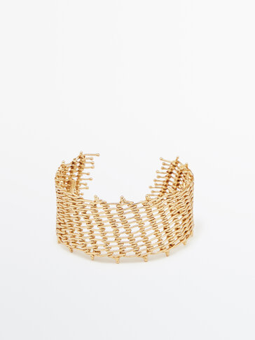 Gold-plated mesh open cuff bracelet