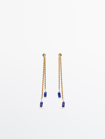 Gold-plated double chain earrings with blue stones