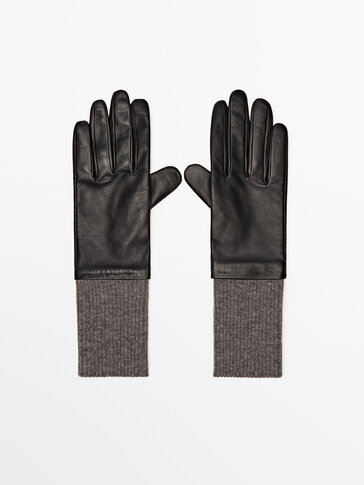 Handsker i skind ribstrik i kontrast Massimo Dutti