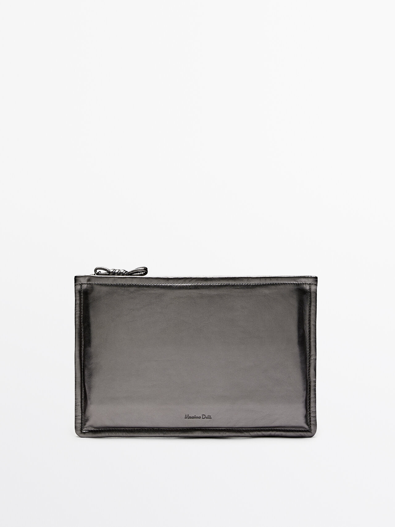 Massimo Dutti Nappa Leather Clutch With Knot Detail In Black