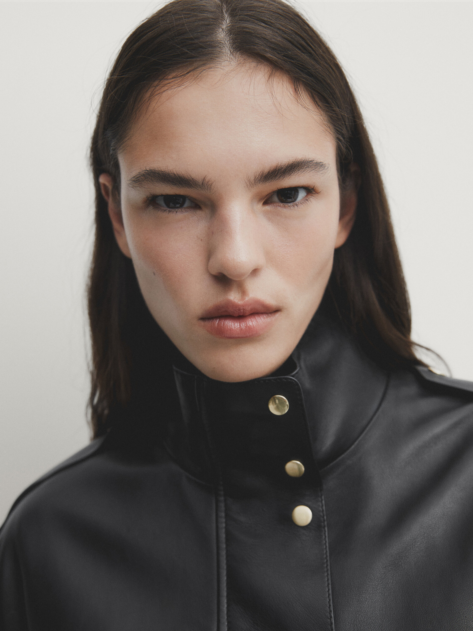 Massimo Dutti Nappa Leather Jacket With Gold-toned Snap Buttons In Schwarz