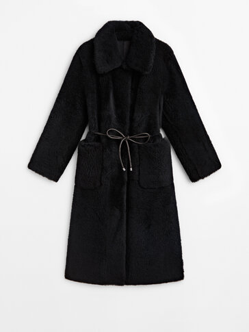 Navy blue reversible mouton coat with drawstring