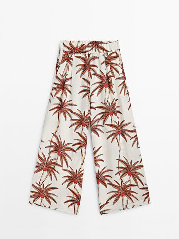 Palm tree print pleated culotte trousers