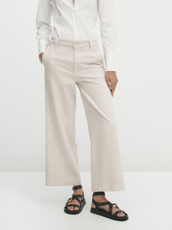 Cotton blend wide-leg cropped trousers · Stone · Dressy | Massimo Dutti